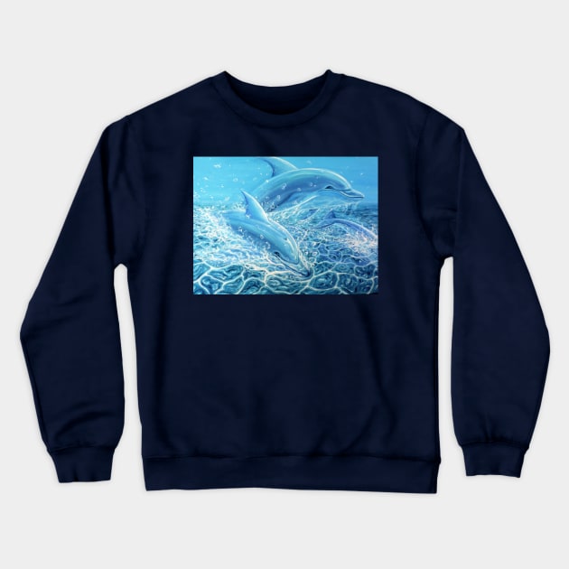Dolphins Jumping Out Of Water Oil Painting Crewneck Sweatshirt by SPACE ART & NATURE SHIRTS 